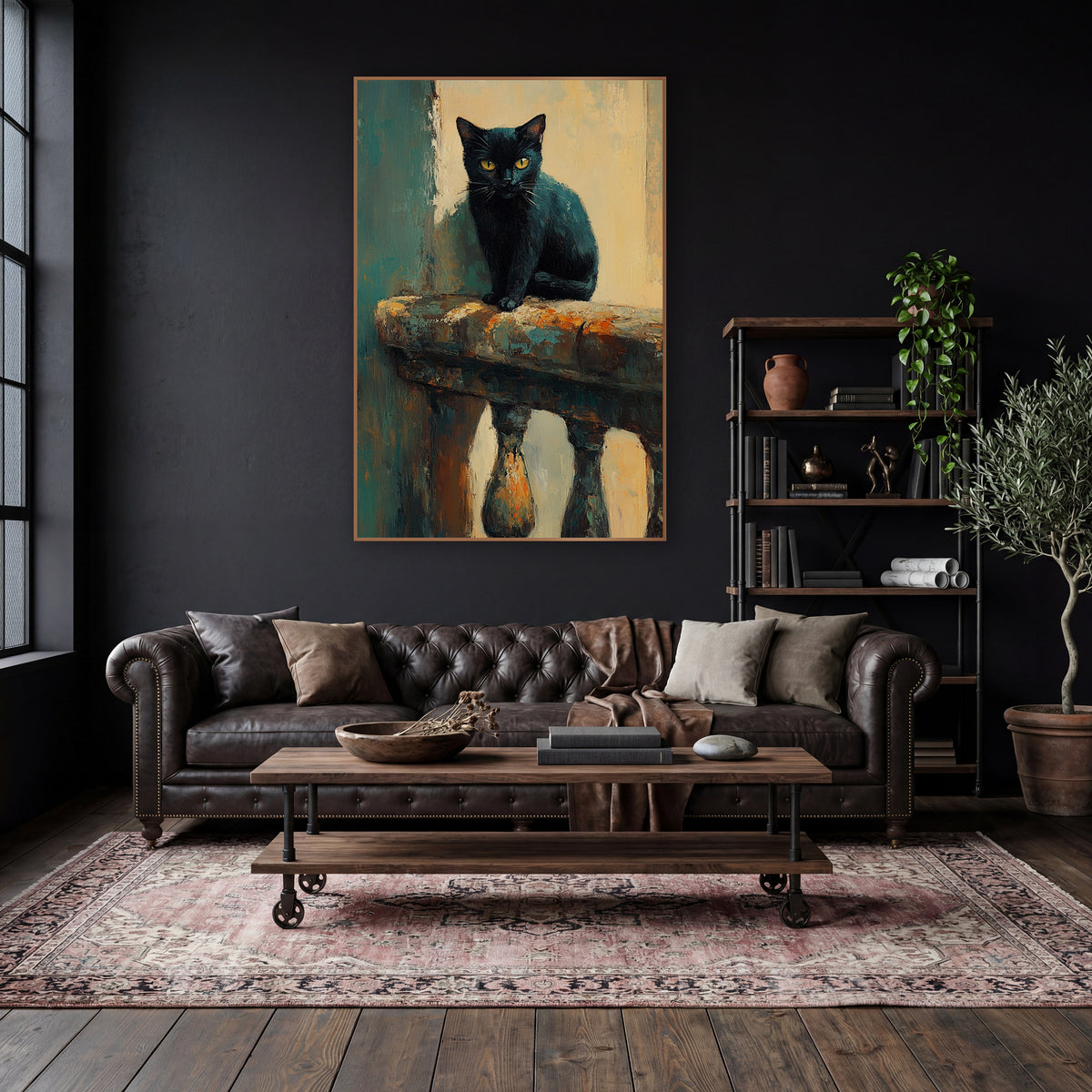 Black Cat on Balustrade Moody wall art in a moody dark academia room – black cat with yellow eyes sitting on a worn
