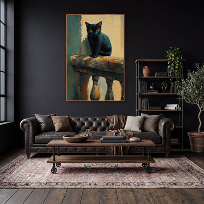 Black Cat on Balustrade Moody wall art in a moody dark academia room – black cat with yellow eyes sitting on a worn