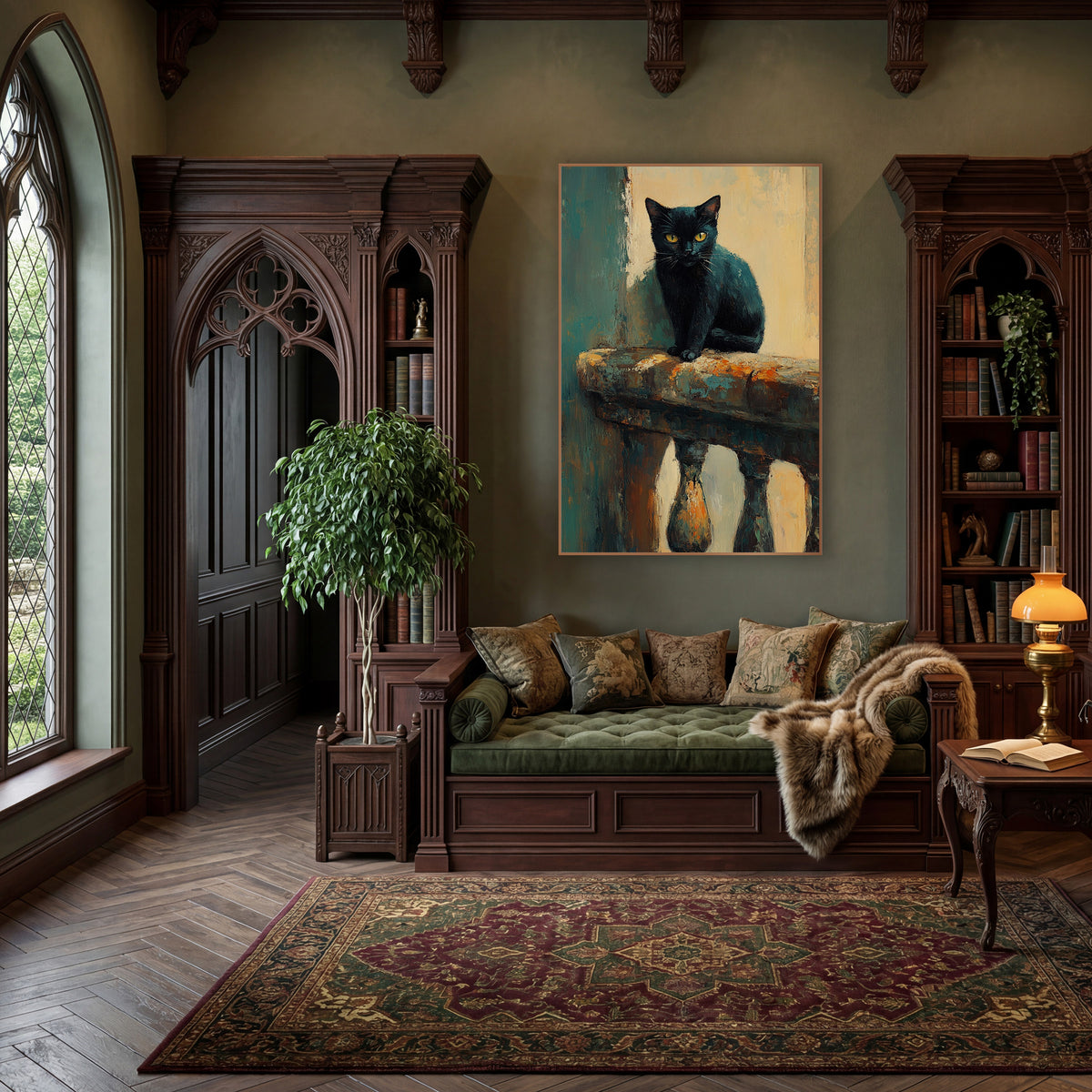 Black Cat on Balustrade Moody wall art in a moody dark academia room – black cat with yellow eyes sitting on a worn