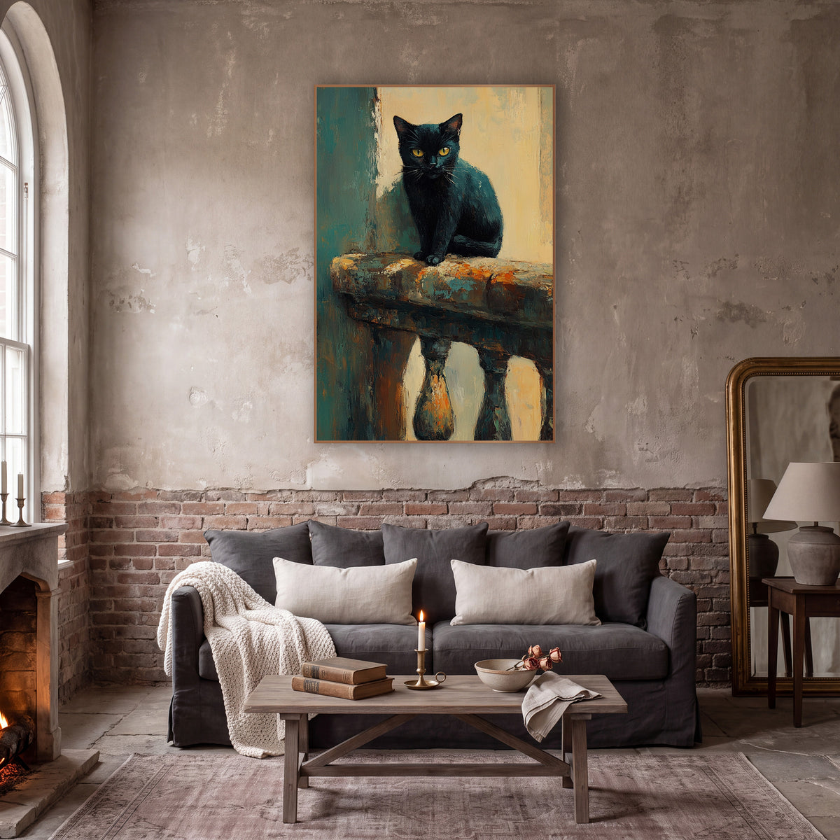 Black Cat on Balustrade Moody wall art in a moody dark academia room – black cat with yellow eyes sitting on a worn