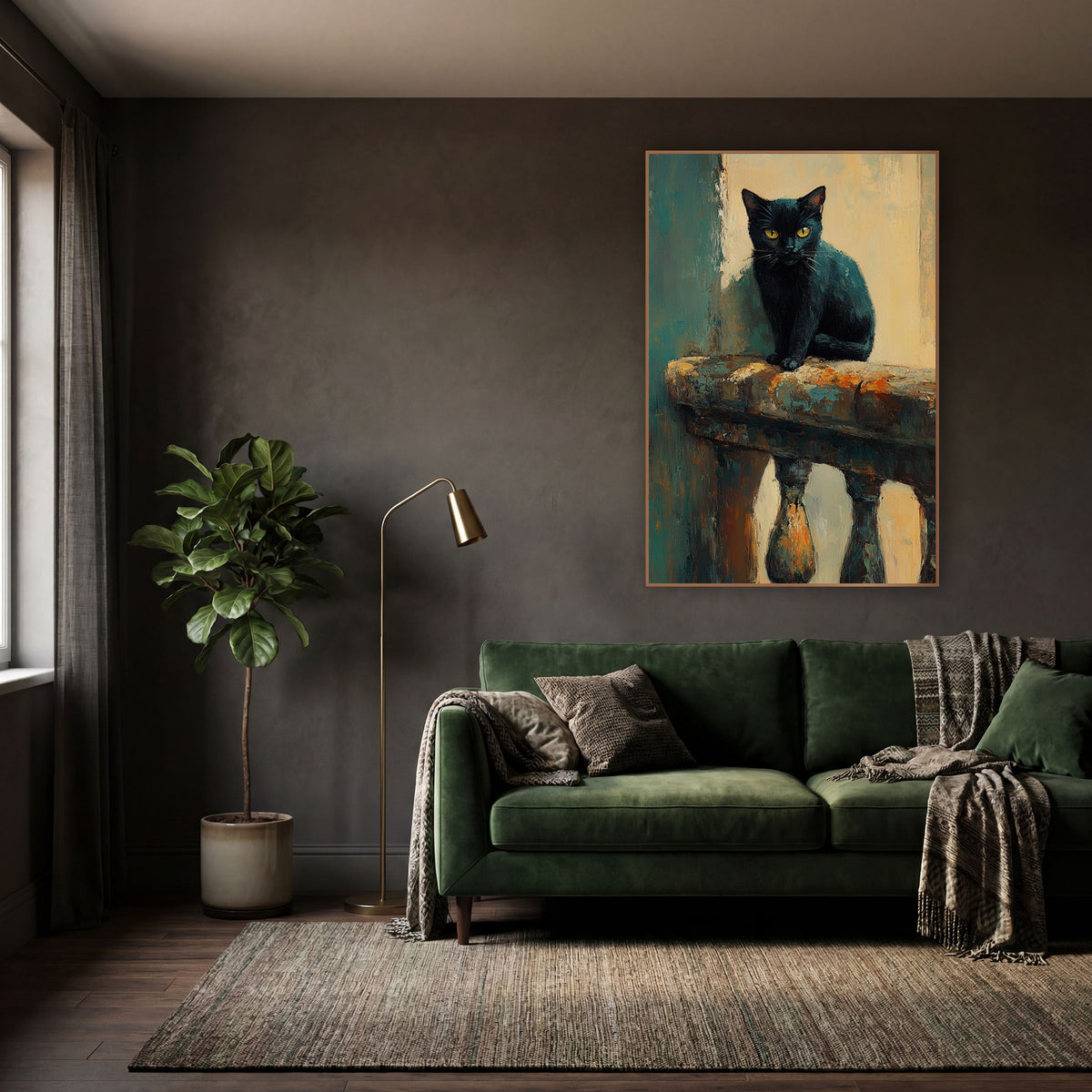 Black Cat on Balustrade Moody wall art in a moody dark academia room – black cat with yellow eyes sitting on a worn