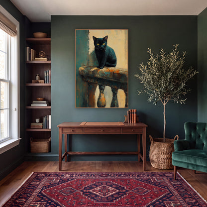 Black Cat on Balustrade Moody wall art in a moody dark academia room – black cat with yellow eyes sitting on a worn