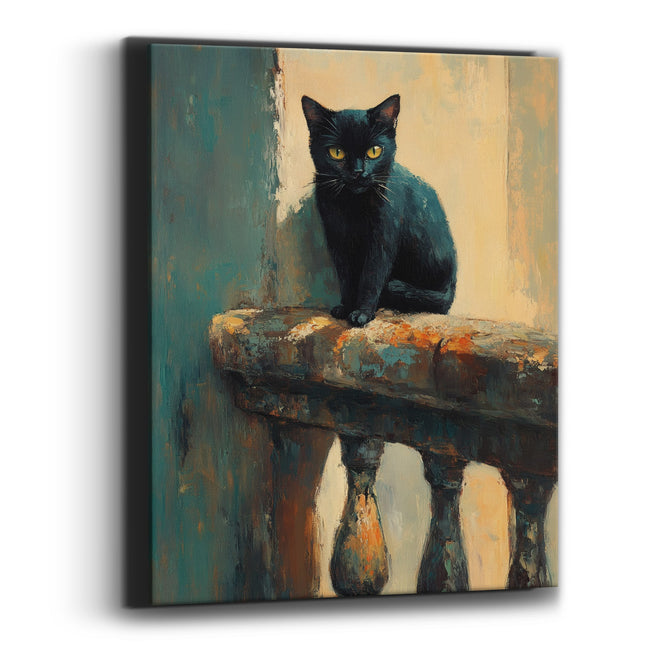 Black Cat on Balustrade Moody Canvas Wall Art