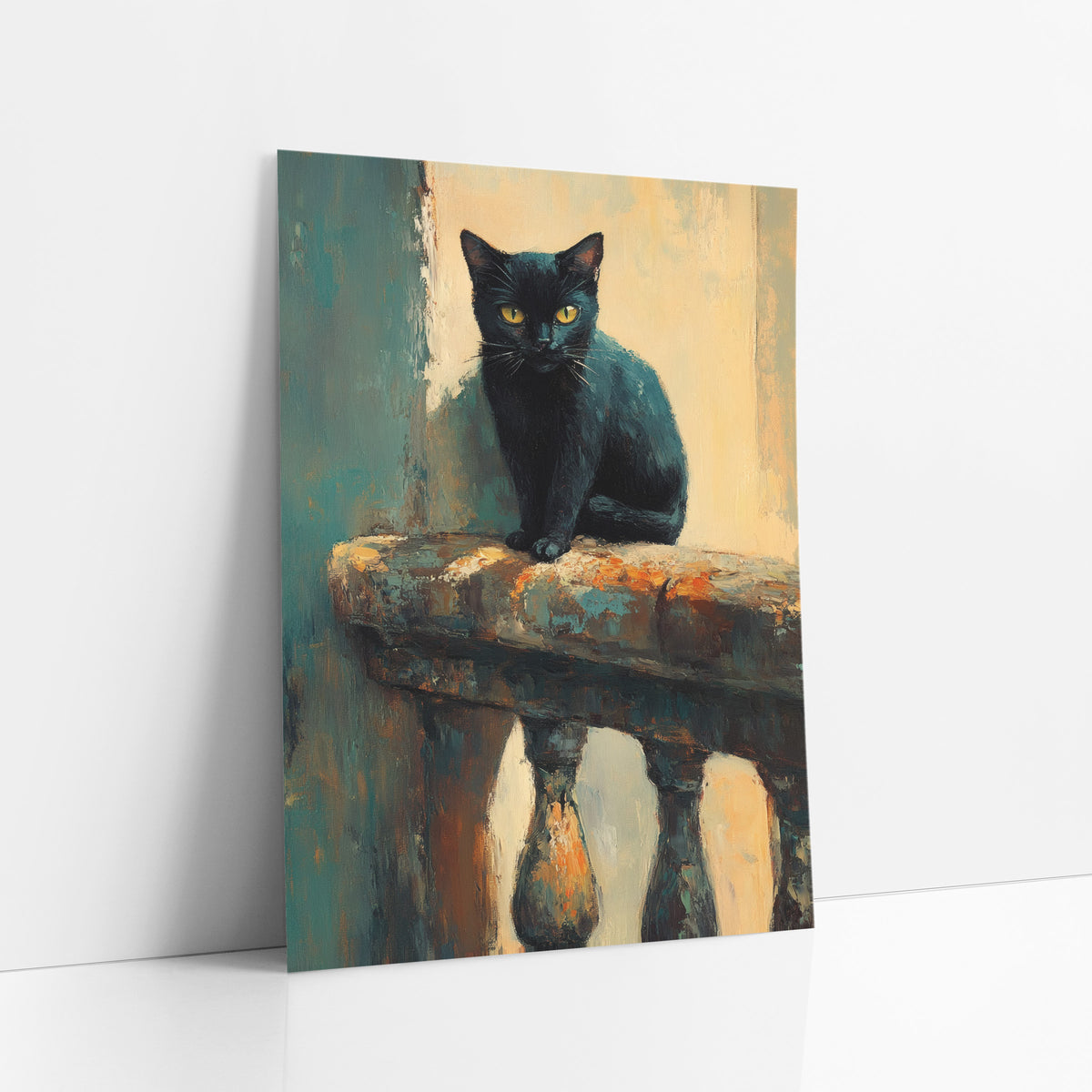 Black Cat on Balustrade Moody art print leaning against a white wall – black cat with yellow eyes sitting on a worn stone