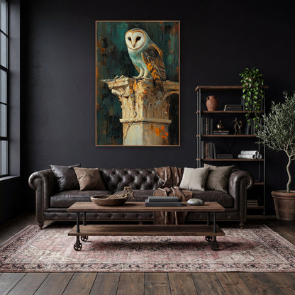 Barn Owl Teal Classical Column wall art in a moody dark academia room – barn owl with a white heart-shaped face