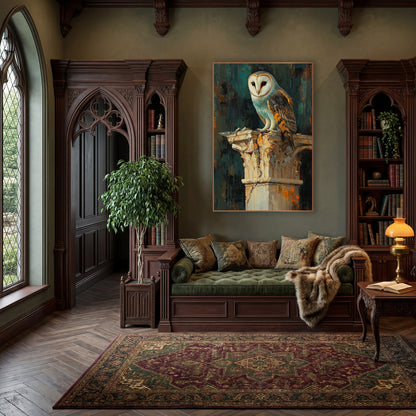 Barn Owl Teal Classical Column wall art in a moody dark academia room – barn owl with a white heart-shaped face