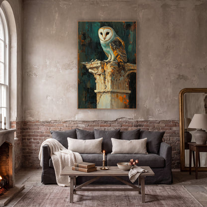 Barn Owl Teal Classical Column wall art in a moody dark academia room – barn owl with a white heart-shaped face