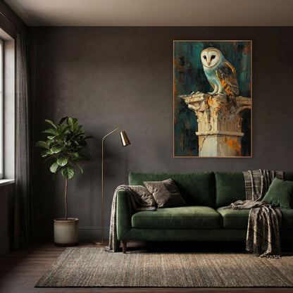 Barn Owl Teal Classical Column wall art in a moody dark academia room – barn owl with a white heart-shaped face