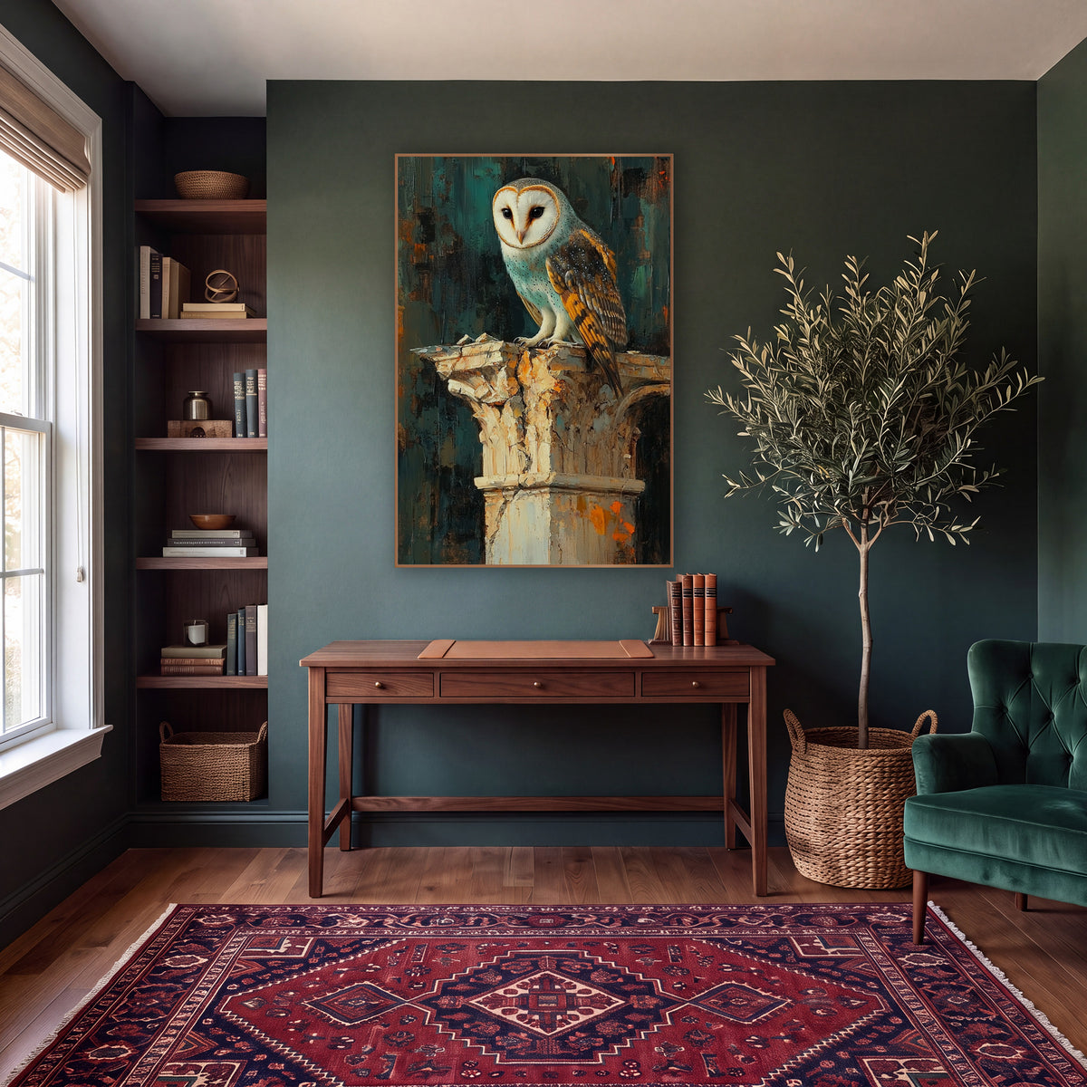 Barn Owl Teal Classical Column wall art in a moody dark academia room – barn owl with a white heart-shaped face
