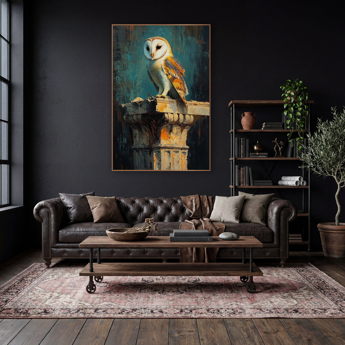 Amber Winged Barn Owl Classic wall art in a moody dark academia room – barn owl with white face and amber wings