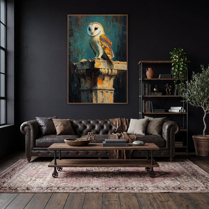 Amber Winged Barn Owl Classic wall art in a moody dark academia room – barn owl with white face and amber wings