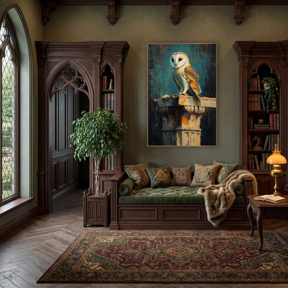 Amber Winged Barn Owl Classic wall art in a moody dark academia room – barn owl with white face and amber wings