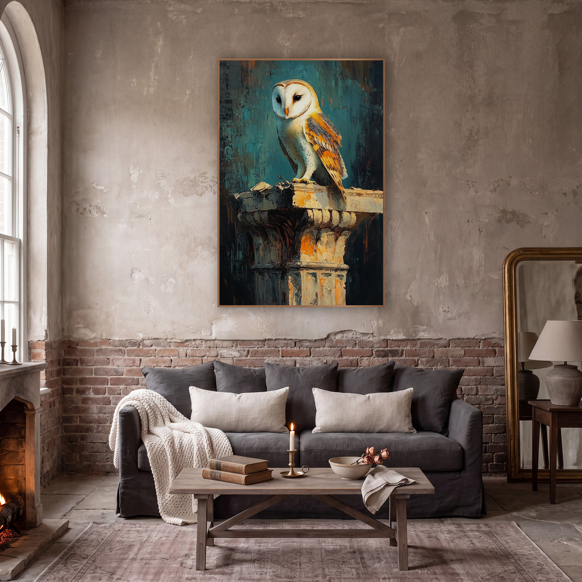 Amber Winged Barn Owl Classic wall art in a moody dark academia room – barn owl with white face and amber wings