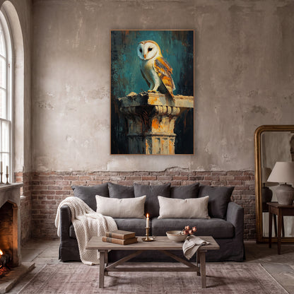 Amber Winged Barn Owl Classic wall art in a moody dark academia room – barn owl with white face and amber wings