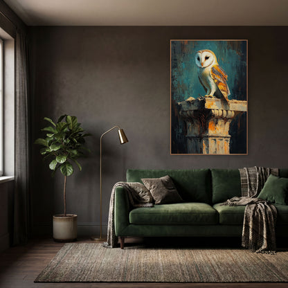 Amber Winged Barn Owl Classic wall art in a moody dark academia room – barn owl with white face and amber wings