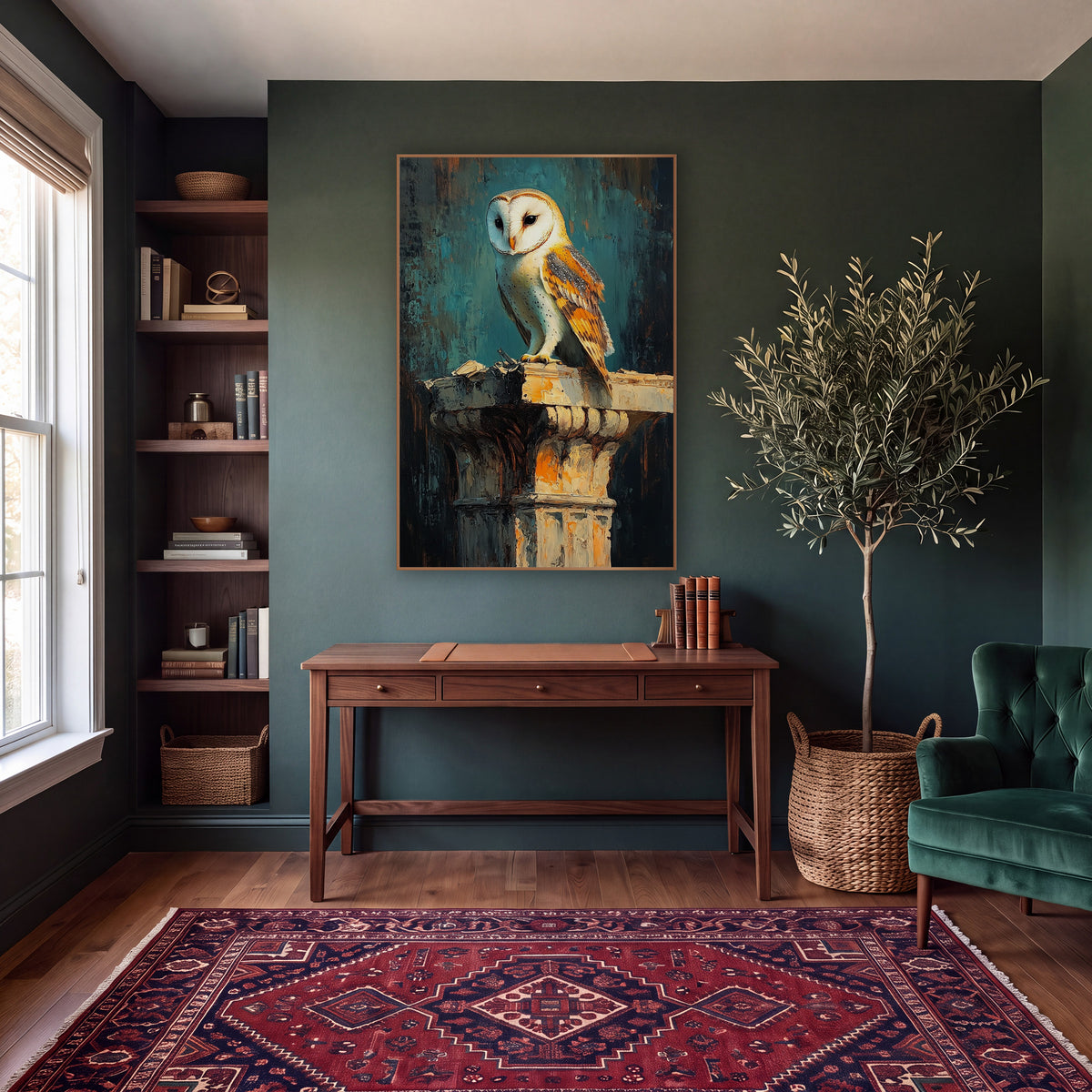 Amber Winged Barn Owl Classic wall art in a moody dark academia room – barn owl with white face and amber wings