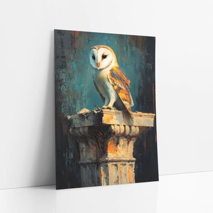 Amber Winged Barn Owl Classic art print leaning against a white wall – barn owl with white face and amber wings perched