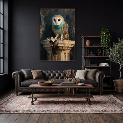 Turquoise Breasted Owl Moody Modern wall art in a moody dark academia room – barn owl with teal chest and white face