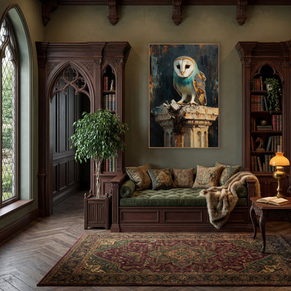 Turquoise Breasted Owl Moody Modern wall art in a moody dark academia room – barn owl with teal chest and white face