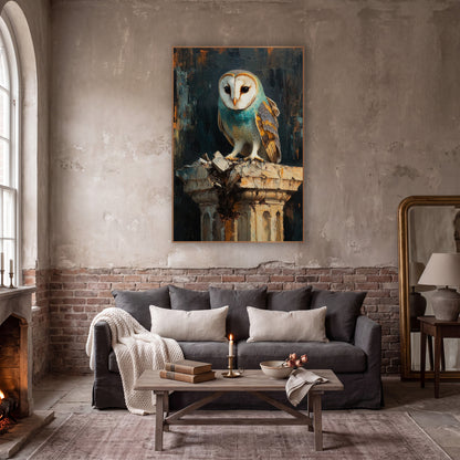 Turquoise Breasted Owl Moody Modern wall art in a moody dark academia room – barn owl with teal chest and white face