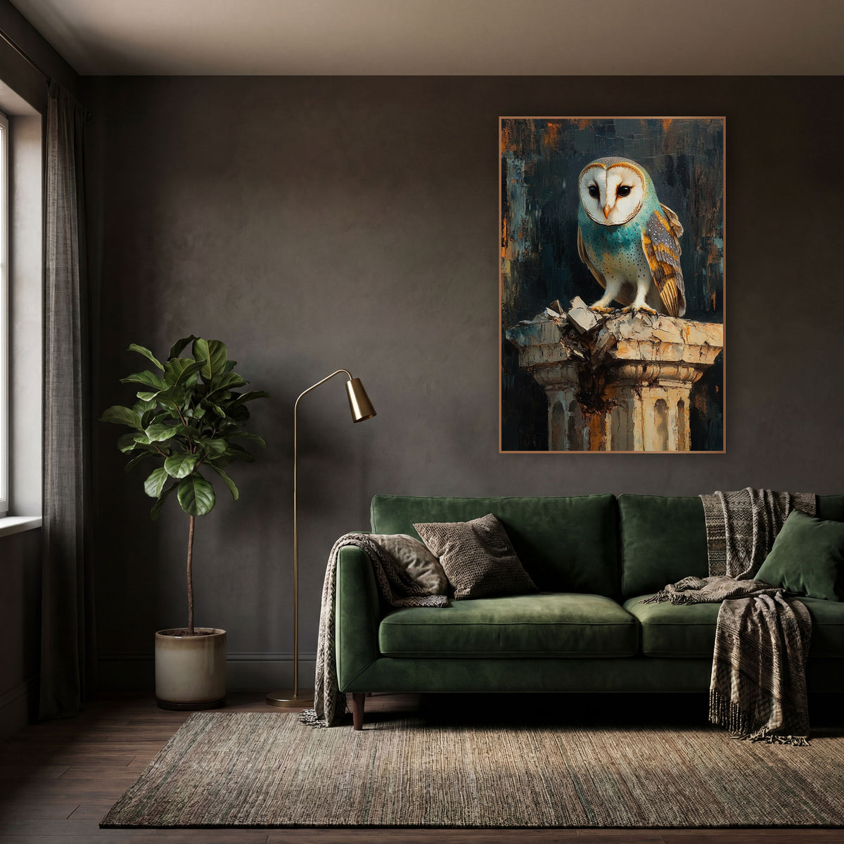 Turquoise Breasted Owl Moody Modern wall art in a moody dark academia room – barn owl with teal chest and white face