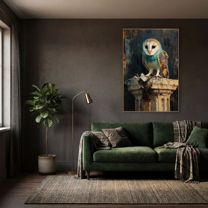 Turquoise Breasted Owl Moody Modern wall art in a moody dark academia room – barn owl with teal chest and white face