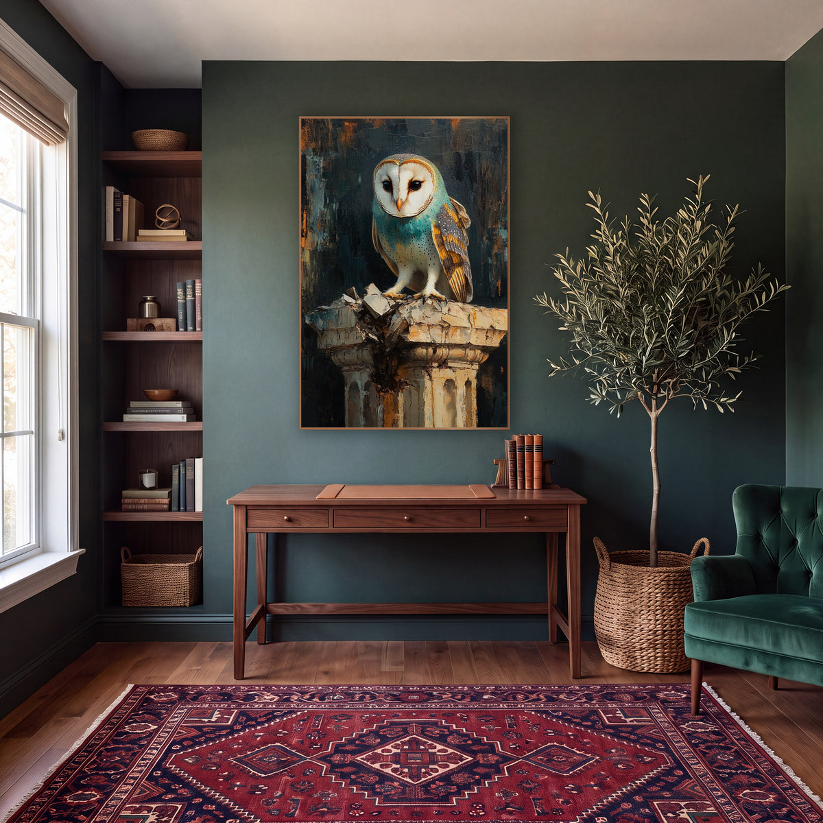 Turquoise Breasted Owl Moody Modern wall art in a moody dark academia room – barn owl with teal chest and white face
