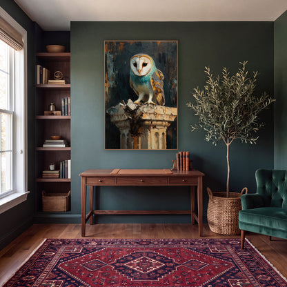 Turquoise Breasted Owl Moody Modern wall art in a moody dark academia room – barn owl with teal chest and white face