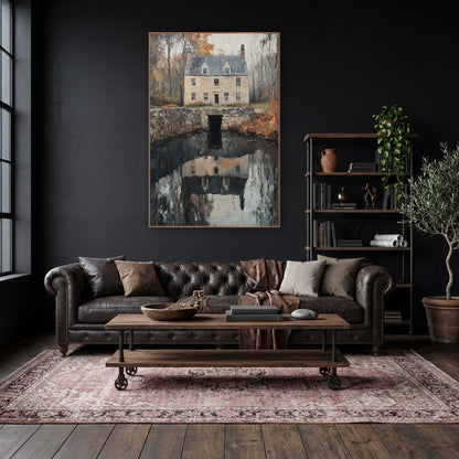 Cottage Pond Bridge Moody Classic wall art in a moody dark academia room – cream stone cottage with slate roof behind