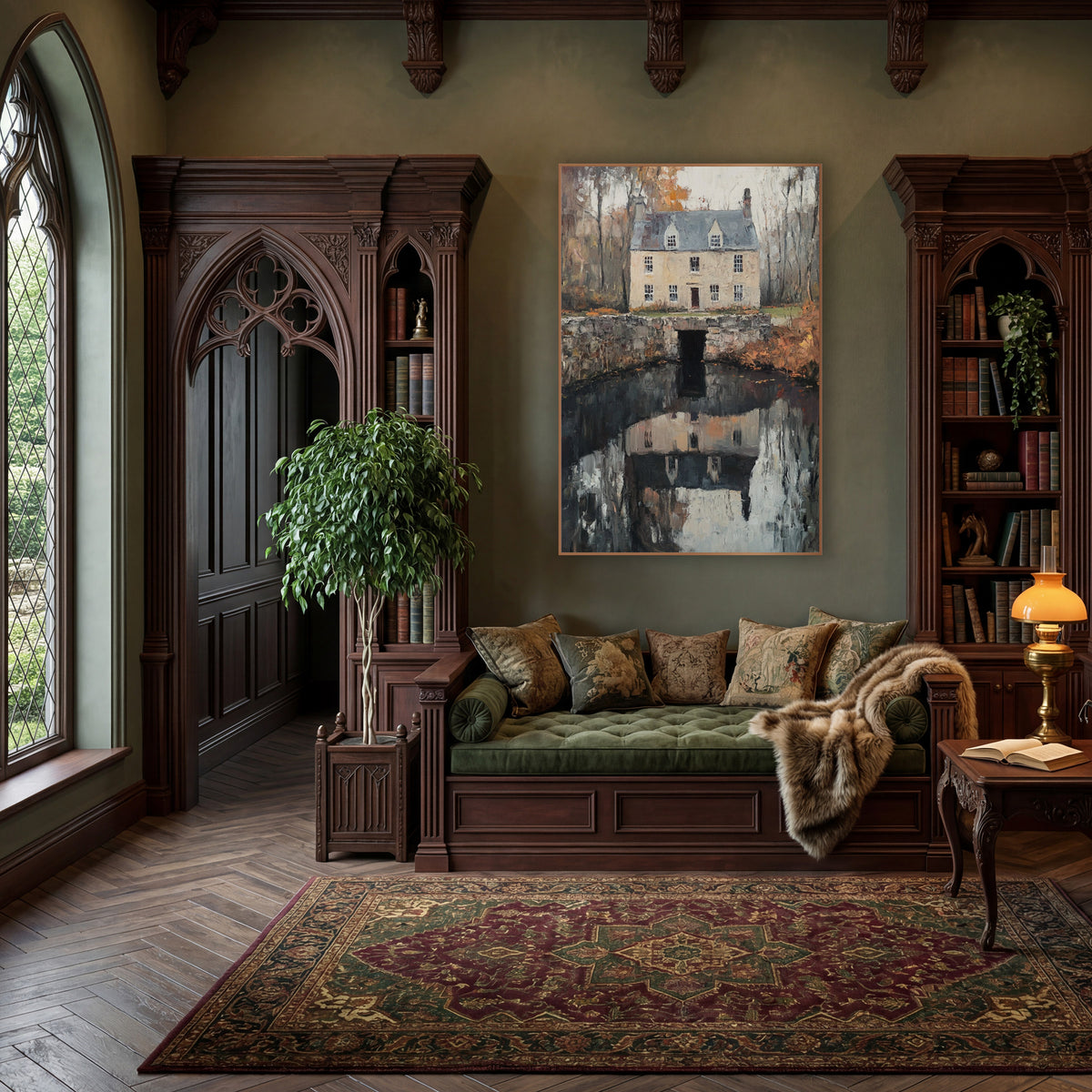 Cottage Pond Bridge Moody Classic wall art in a moody dark academia room – cream stone cottage with slate roof behind