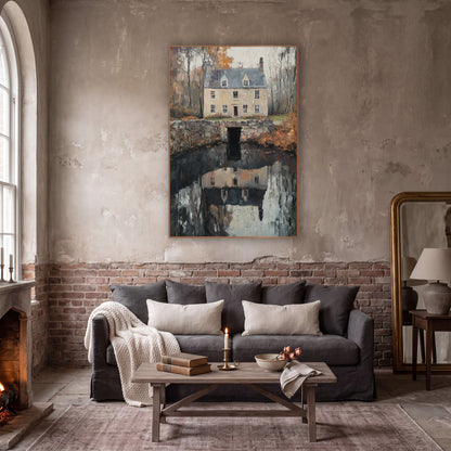 Cottage Pond Bridge Moody Classic wall art in a moody dark academia room – cream stone cottage with slate roof behind