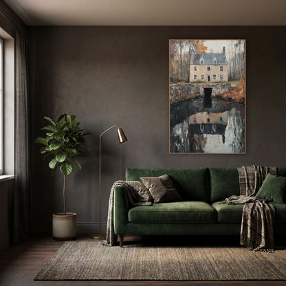 Cottage Pond Bridge Moody Classic wall art in a moody dark academia room – cream stone cottage with slate roof behind