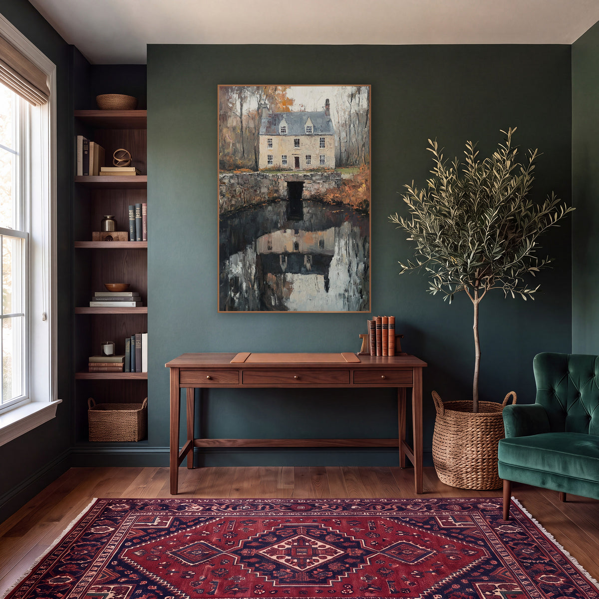 Cottage Pond Bridge Moody Classic wall art in a moody dark academia room – cream stone cottage with slate roof behind