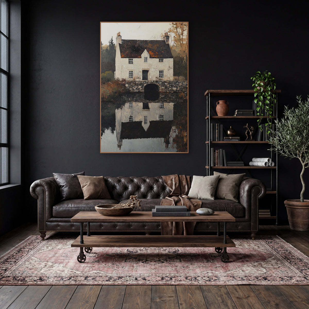 Stone Bridge Manor Mirror Classic wall art in a moody dark academia room – cream stone cottage with dark roof and two