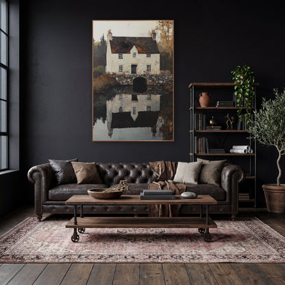 Stone Bridge Manor Mirror Classic wall art in a moody dark academia room – cream stone cottage with dark roof and two
