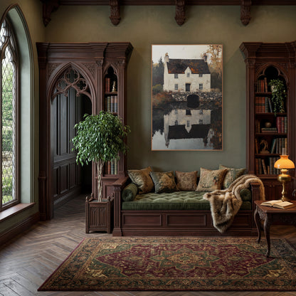 Stone Bridge Manor Mirror Classic wall art in a moody dark academia room – cream stone cottage with dark roof and two