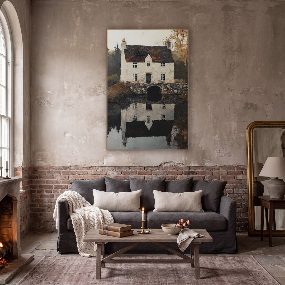 Stone Bridge Manor Mirror Classic wall art in a moody dark academia room – cream stone cottage with dark roof and two