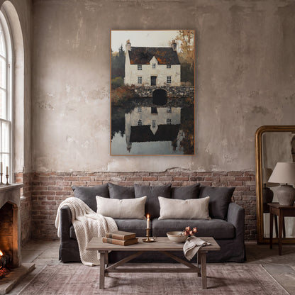 Stone Bridge Manor Mirror Classic wall art in a moody dark academia room – cream stone cottage with dark roof and two