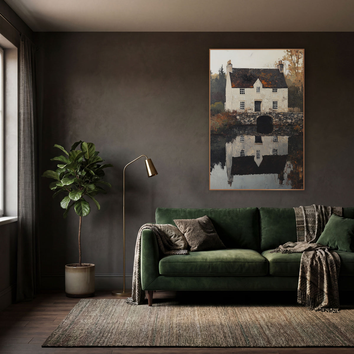 Stone Bridge Manor Mirror Classic wall art in a moody dark academia room – cream stone cottage with dark roof and two