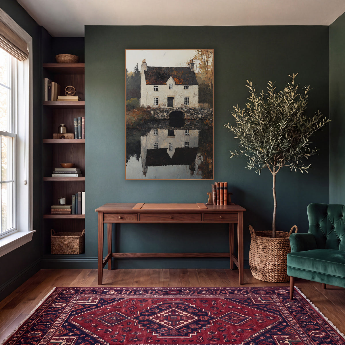 Stone Bridge Manor Mirror Classic wall art in a moody dark academia room – cream stone cottage with dark roof and two