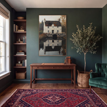 Stone Bridge Manor Mirror Classic wall art in a moody dark academia room – cream stone cottage with dark roof and two