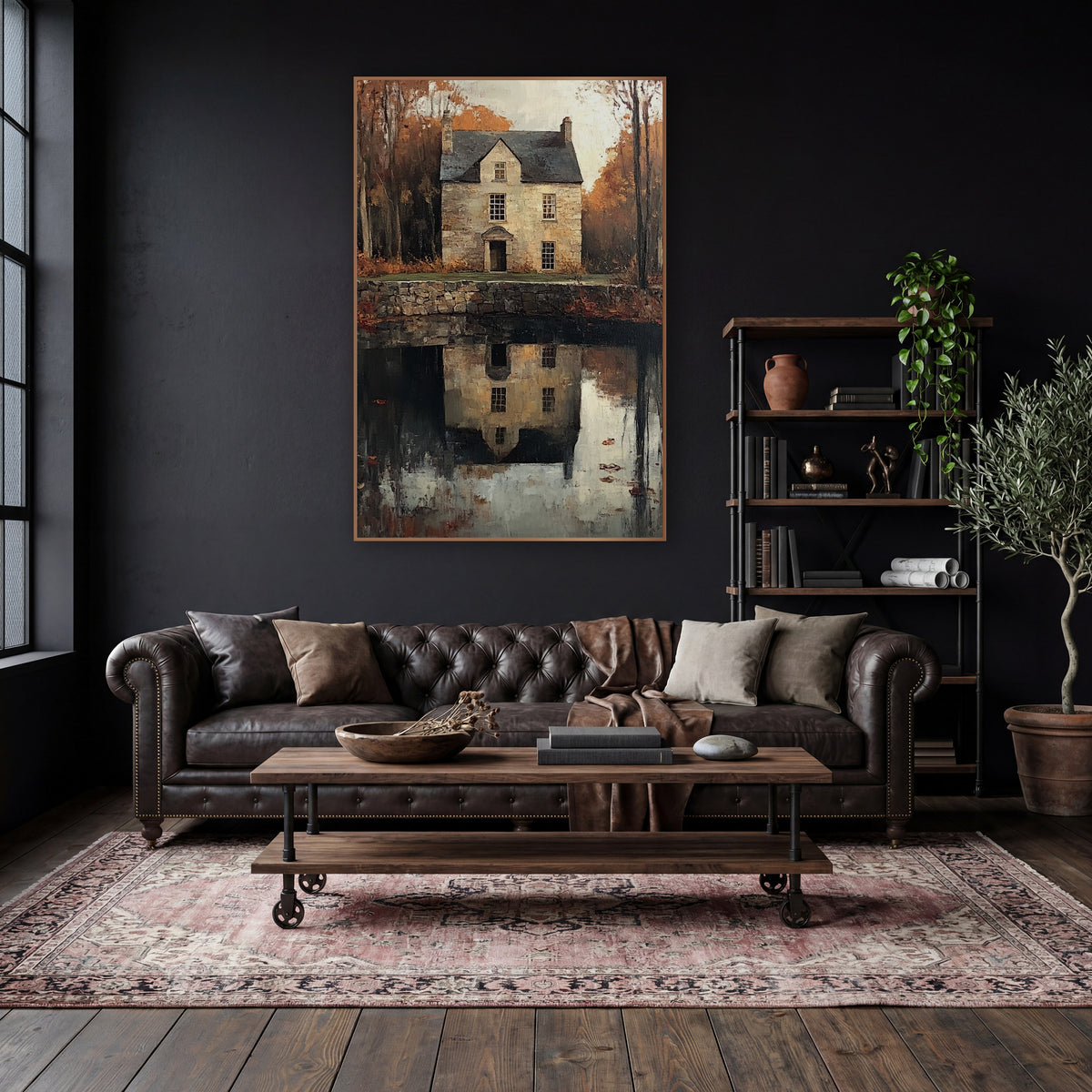Autumn Stone House Reflection Landscape wall art in a moody dark academia room – stone house with slate roof among