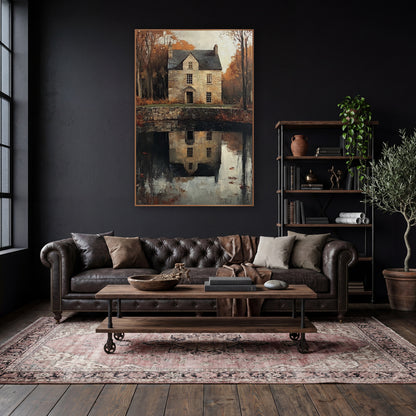 Autumn Stone House Reflection Landscape wall art in a moody dark academia room – stone house with slate roof among