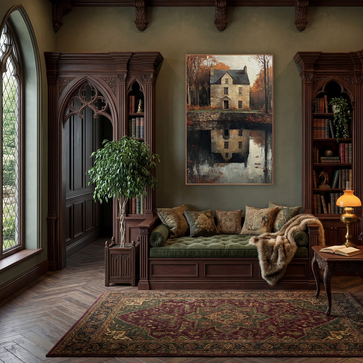 Autumn Stone House Reflection Landscape wall art in a moody dark academia room – stone house with slate roof among