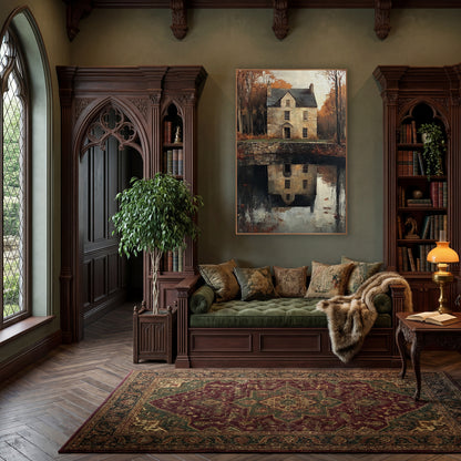 Autumn Stone House Reflection Landscape wall art in a moody dark academia room – stone house with slate roof among