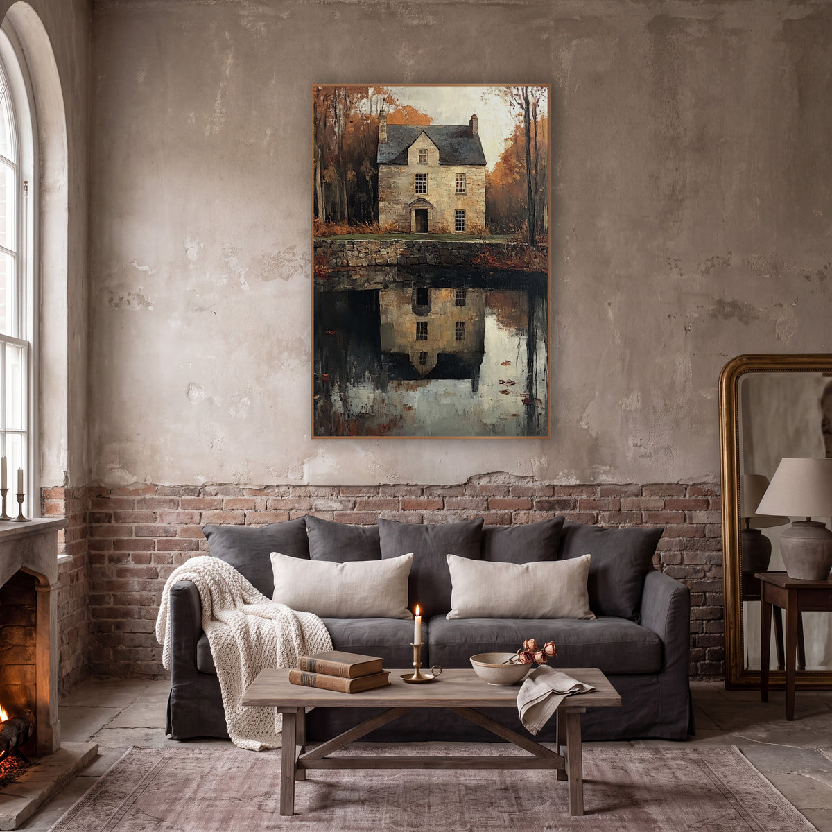 Autumn Stone House Reflection Landscape wall art in a moody dark academia room – stone house with slate roof among