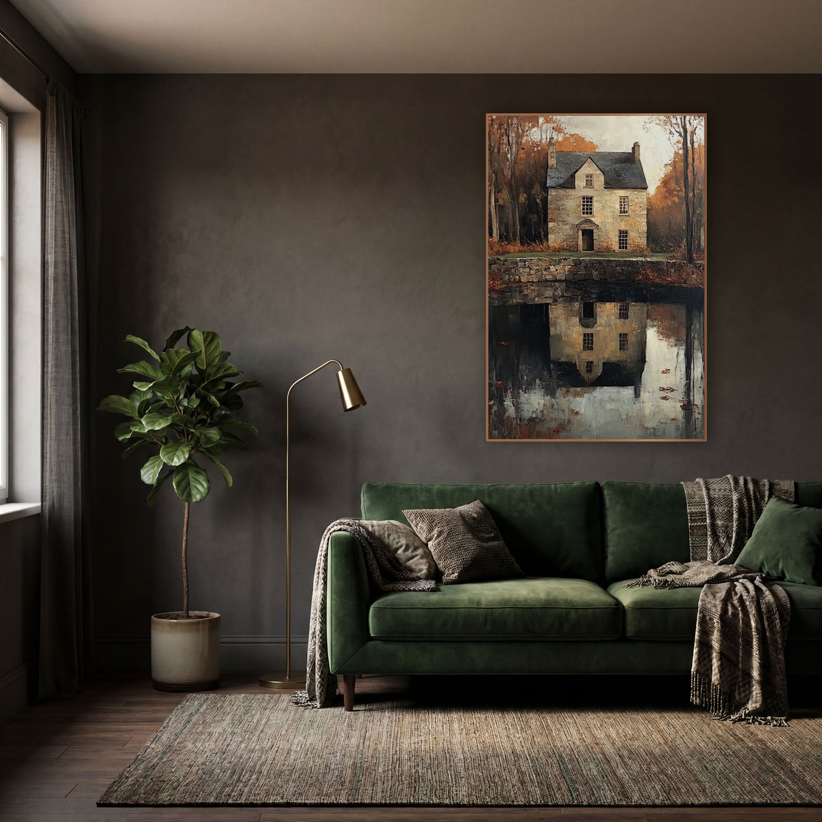 Autumn Stone House Reflection Landscape wall art in a moody dark academia room – stone house with slate roof among