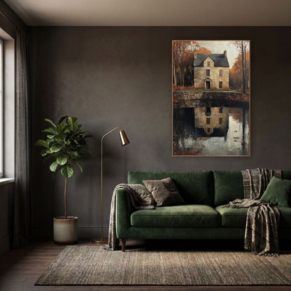 Autumn Stone House Reflection Landscape wall art in a moody dark academia room – stone house with slate roof among