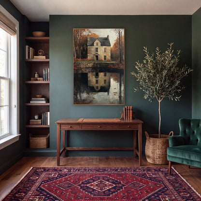 Autumn Stone House Reflection Landscape wall art in a moody dark academia room – stone house with slate roof among