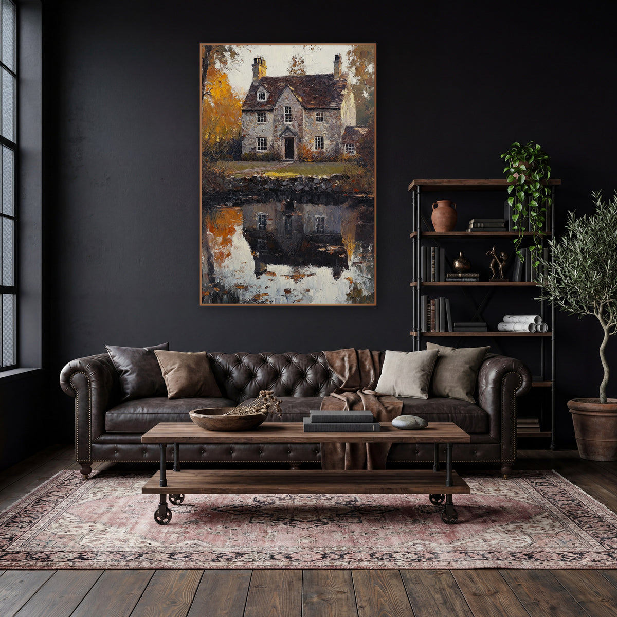 Golden Cottage Lawn Rustic Autumn wall art in a moody dark academia room – gray stone cottage with chimneys reflected